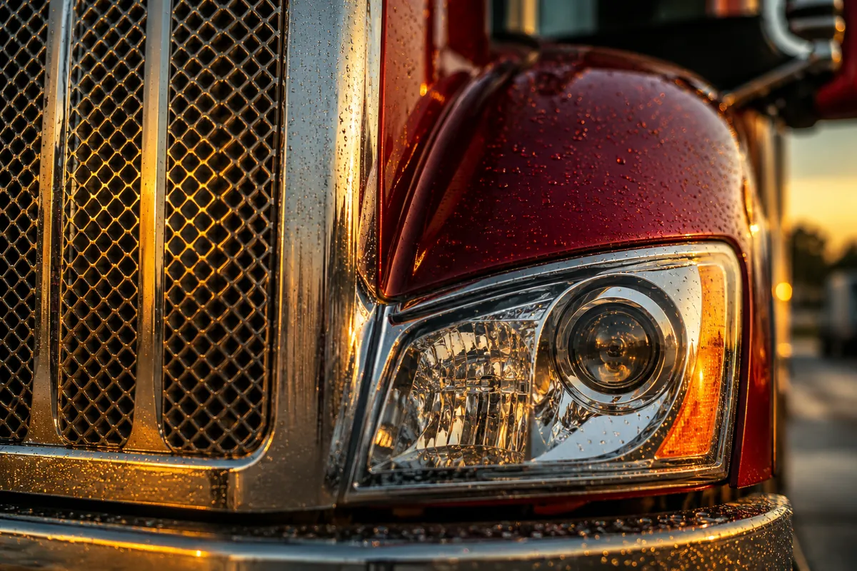 Polished chrome grille of an Arba Express truck at golden hour